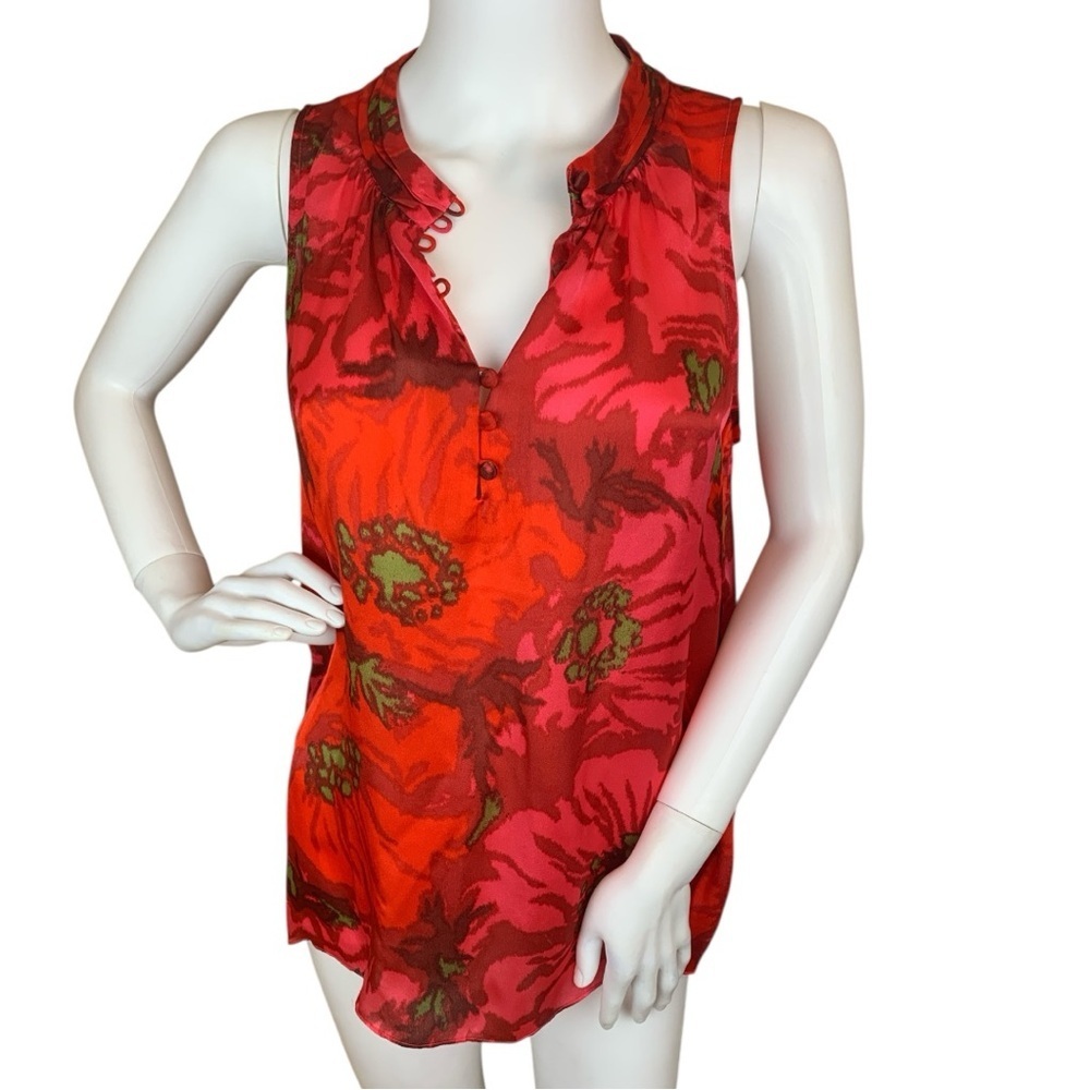 J. Crew Red Poppy Floral Sleeveless 100% Silk Blouse - Picture 2 of 10